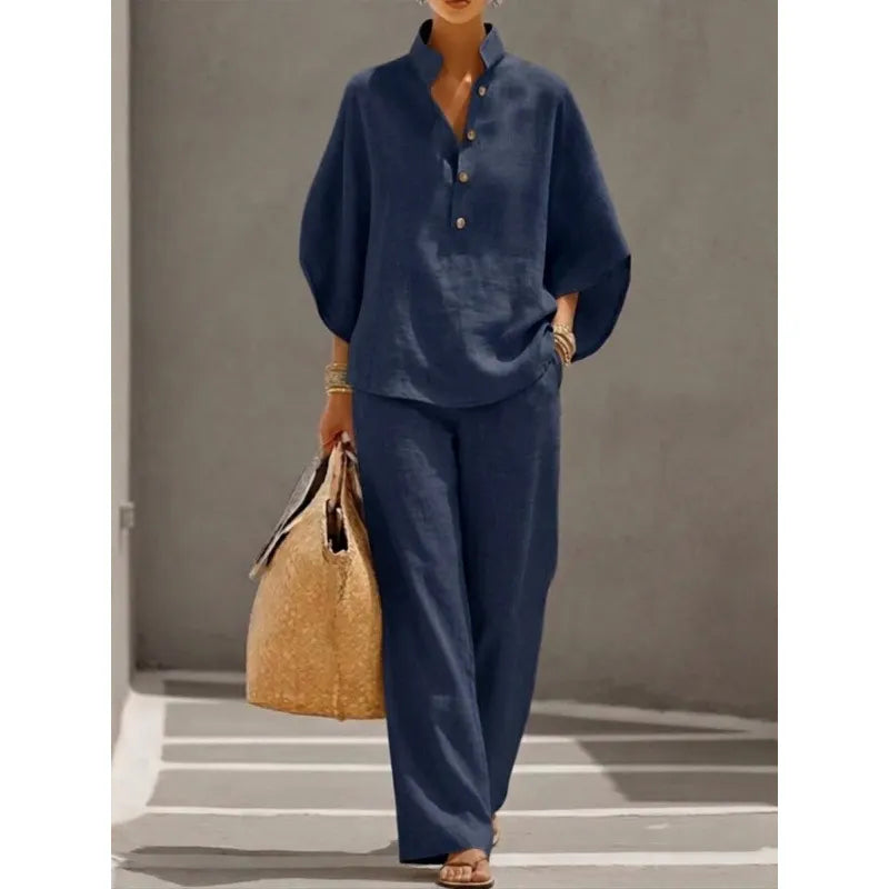 Solid Color Casual Two-Piece Shirt & Pants Set