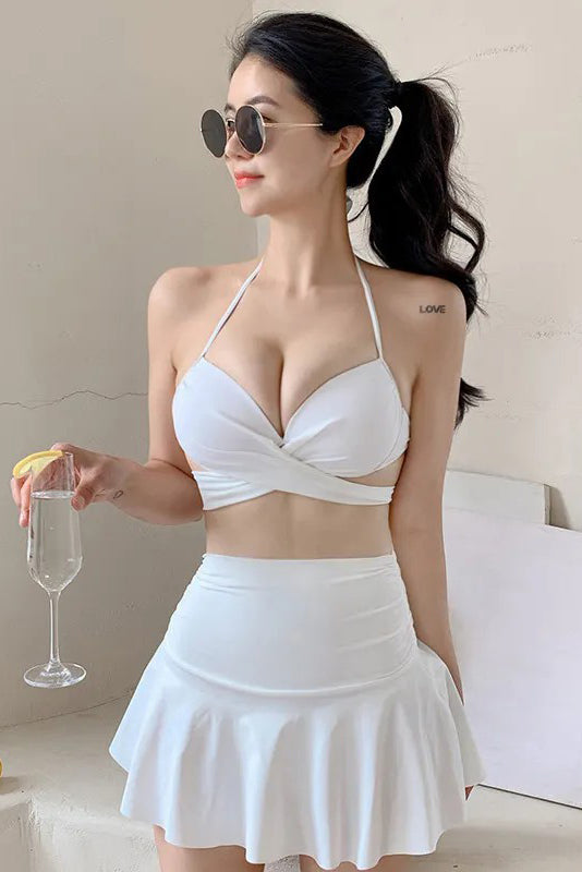 Halter Strappy Bikini Set Swimsuit Swimwear Skirt Set Three-Piece