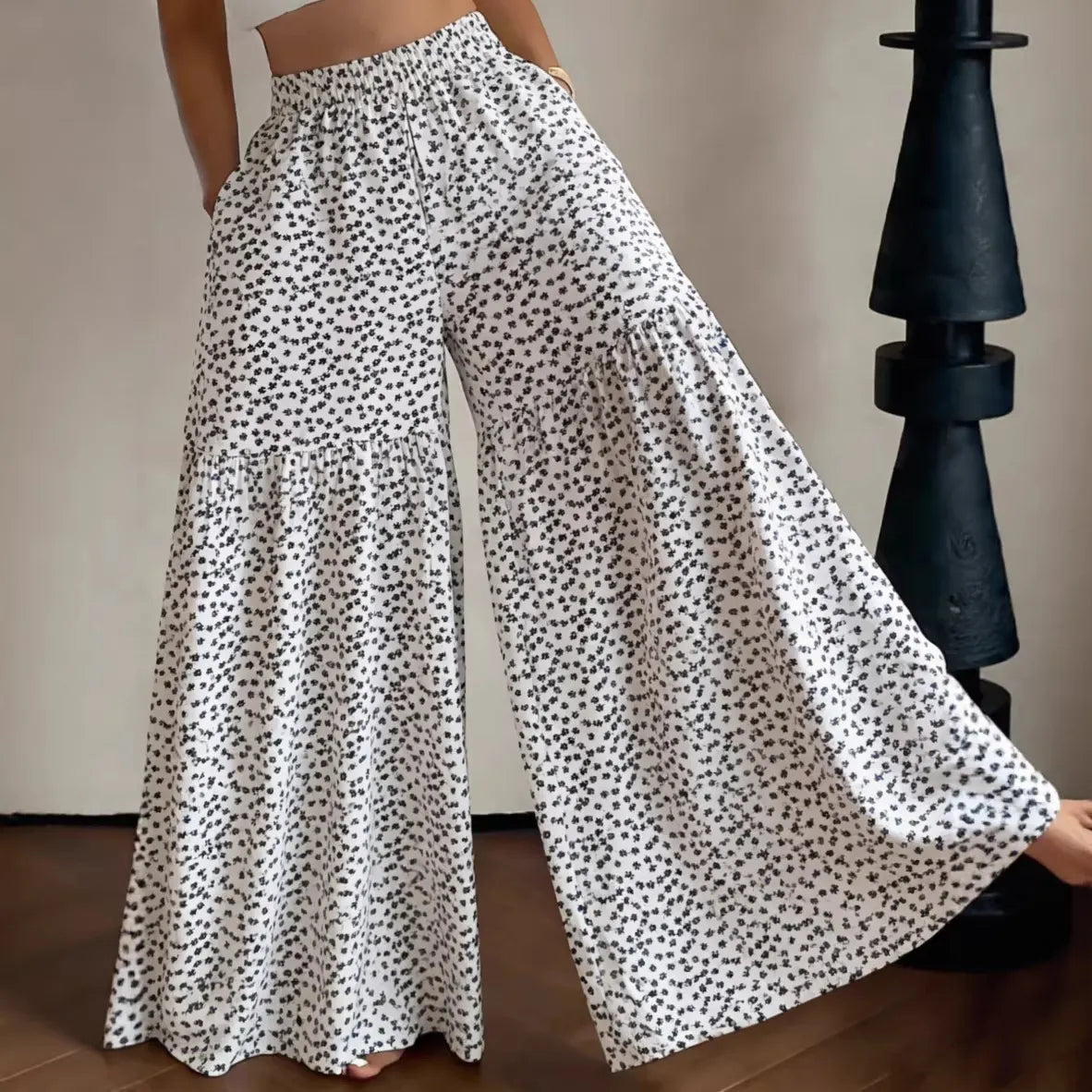 Elastic High Waist Floral Print Ruffle Wide Leg Palazzo Pants