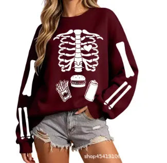 Halloween Skeleton Food Print Crew Neck Sweatshirt