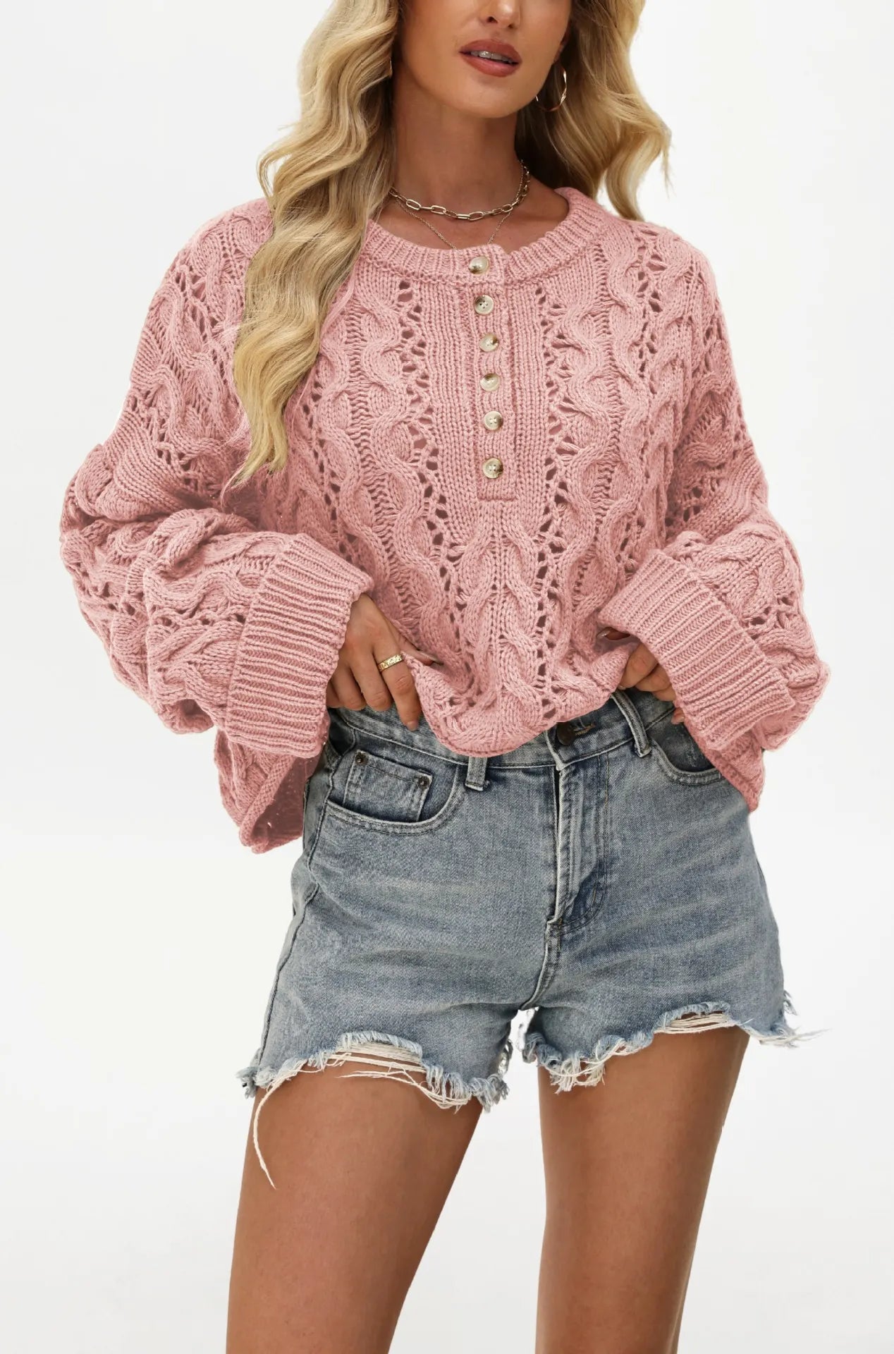 Romantic Hollow Cable Knit Henley Jumper Oversized Button Detail Long Sleeve Sweater