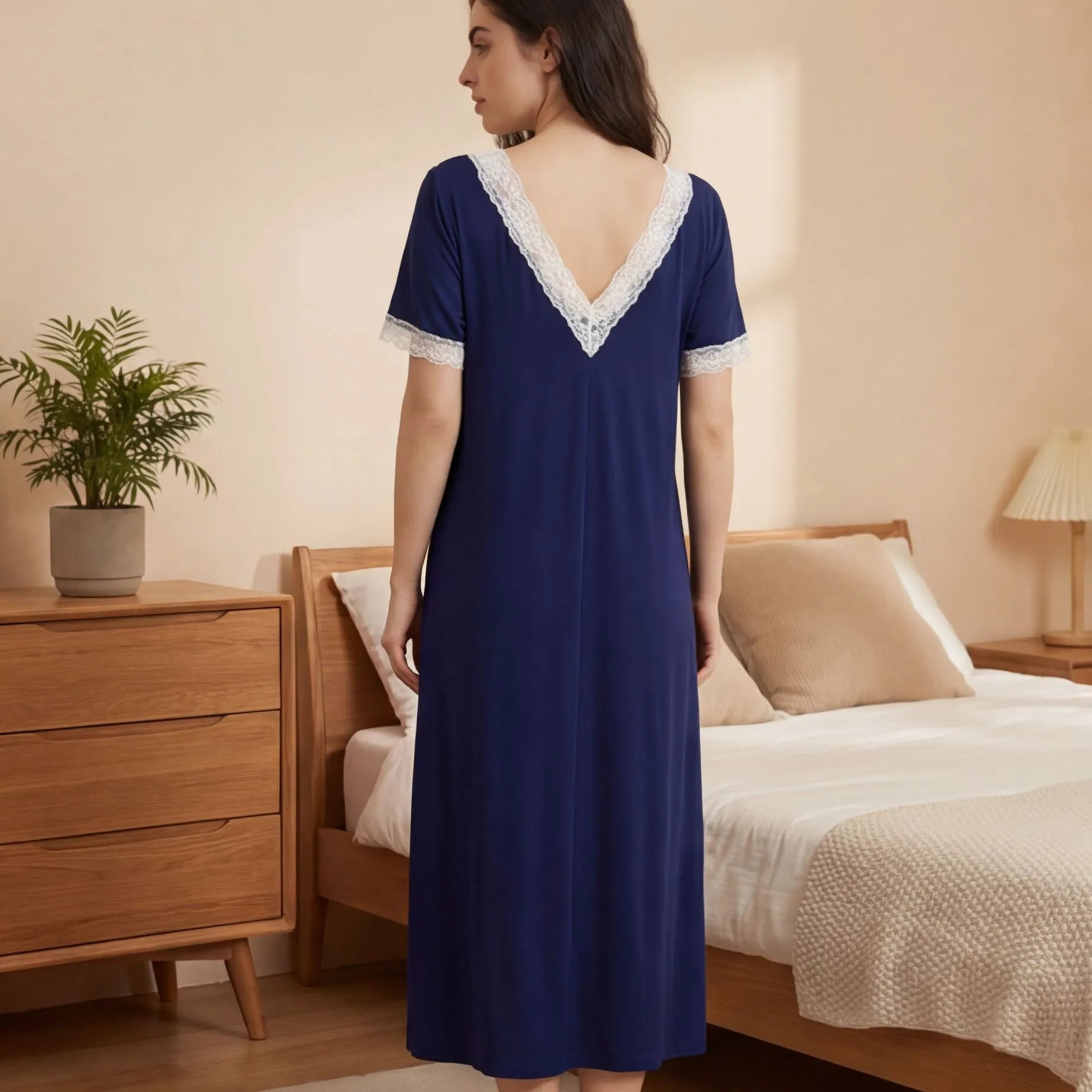 Elegant Ladies Midi Nightdress, Soft Modal V-Neck Lace Edge Short Sleeve Night Gown