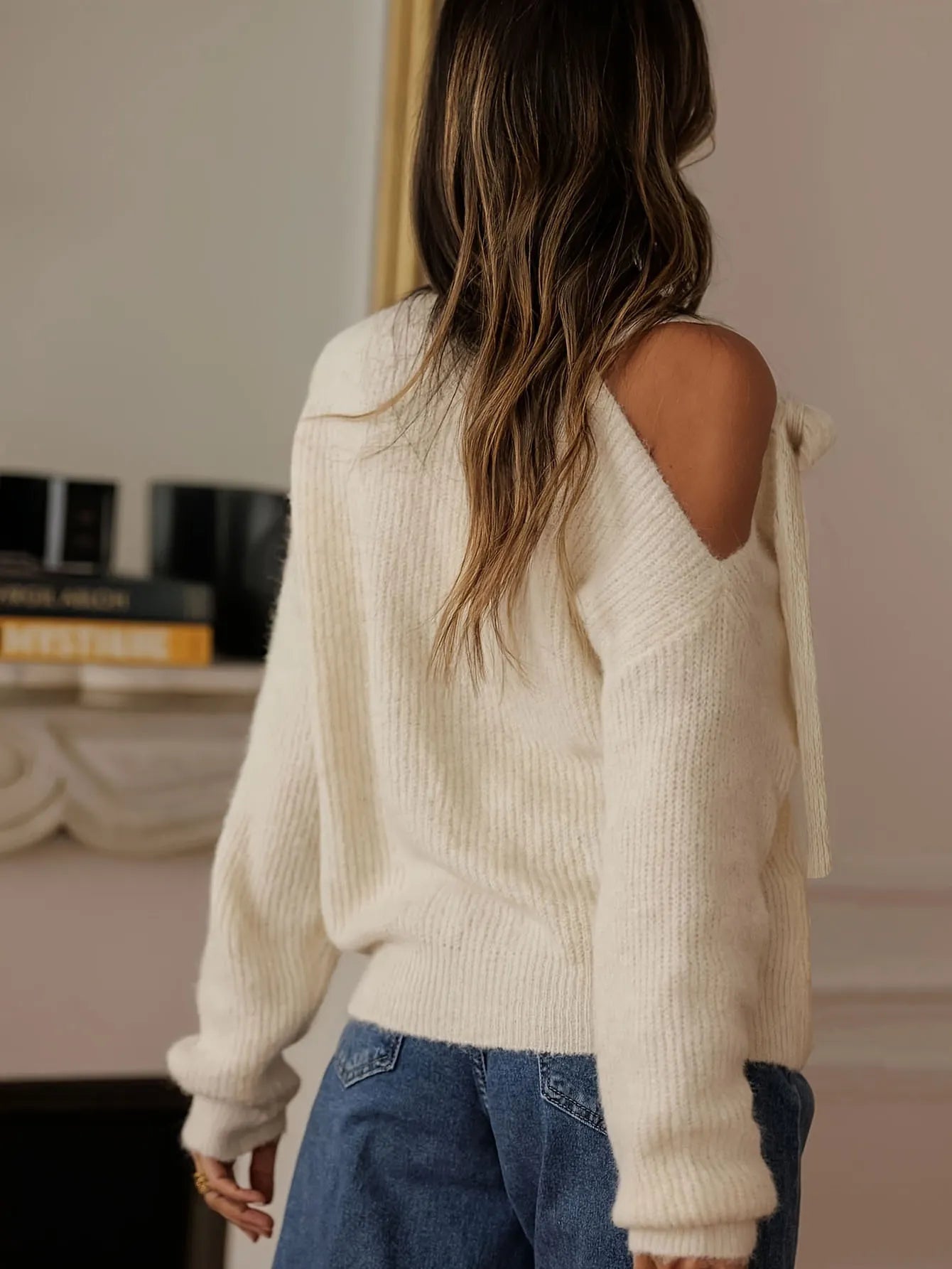 Elegant Cold Shoulder Bow Knit Top, Relaxed Fit Long Sleeve Cream Sweater