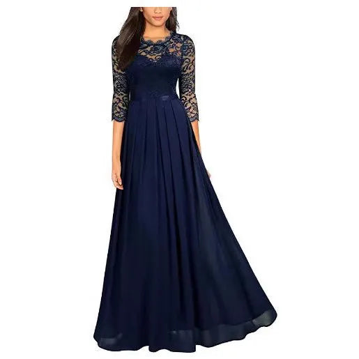 Burgundy Lace & Chiffon 3/4 Sleeve Evening Maxi Dress