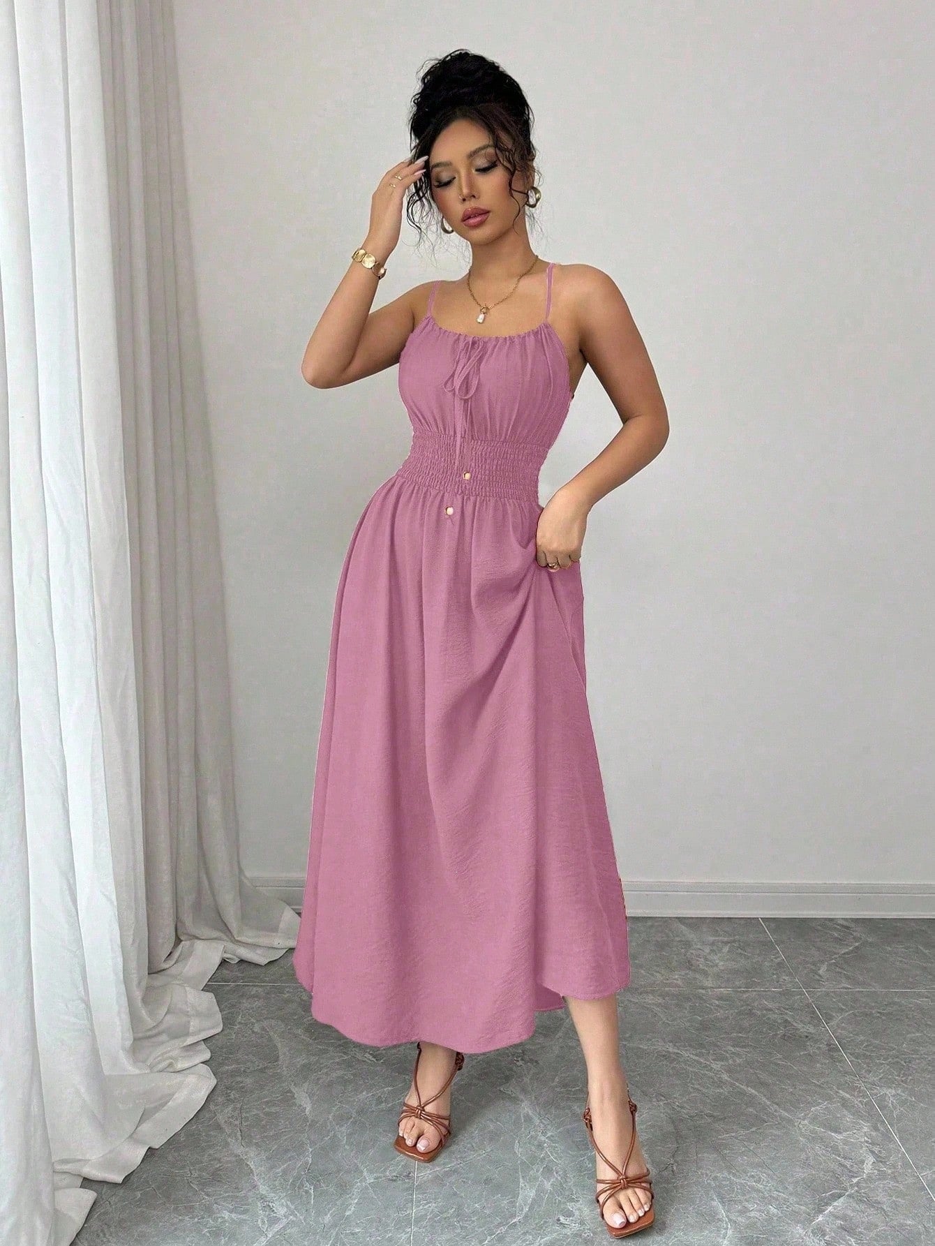 One-Shoulder Spaghetti Strap Smocked Elastic Waist Solid A-Line Maxi Dress
