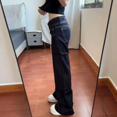 Double Button Low Rise Wide Leg Denim Jeans