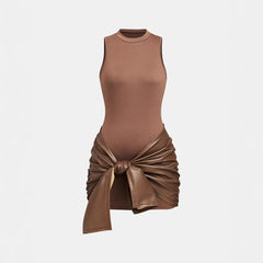 Mock Neck Bodycon Dress, Faux Leather Wrap Tie Detail Mini Dress