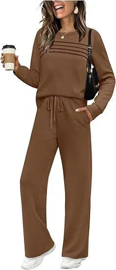 Dark Grey Pleated Detail Top & Drawstring Wide Leg Pants Two Piece Loungewear Set