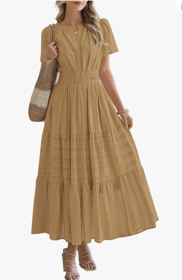 V-Neck Smocked Waist Tiered Maxi Dress