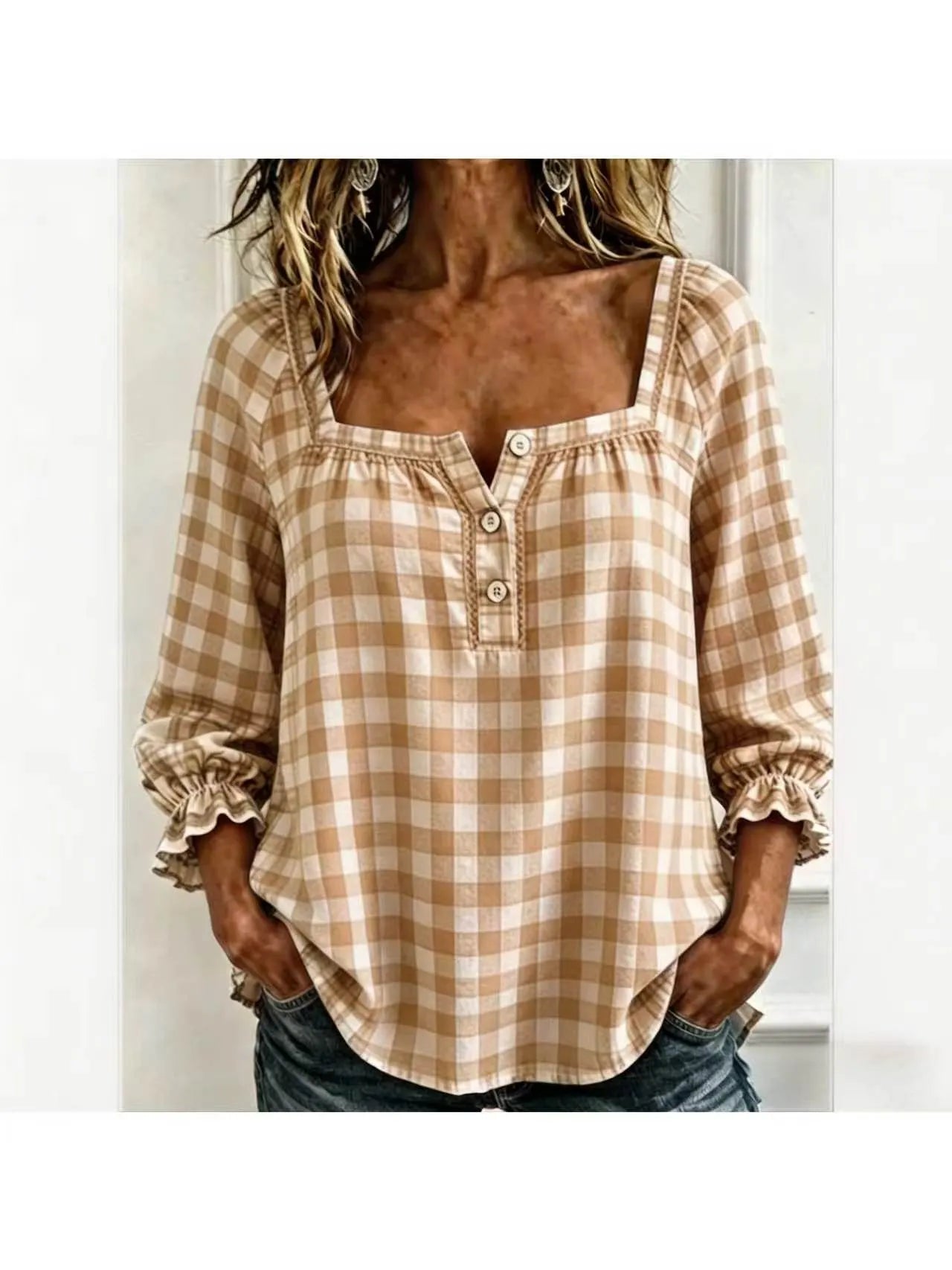 Plaid Square Neck Button Front Bubble 7/4 Sleeve Loose Casual Blouse