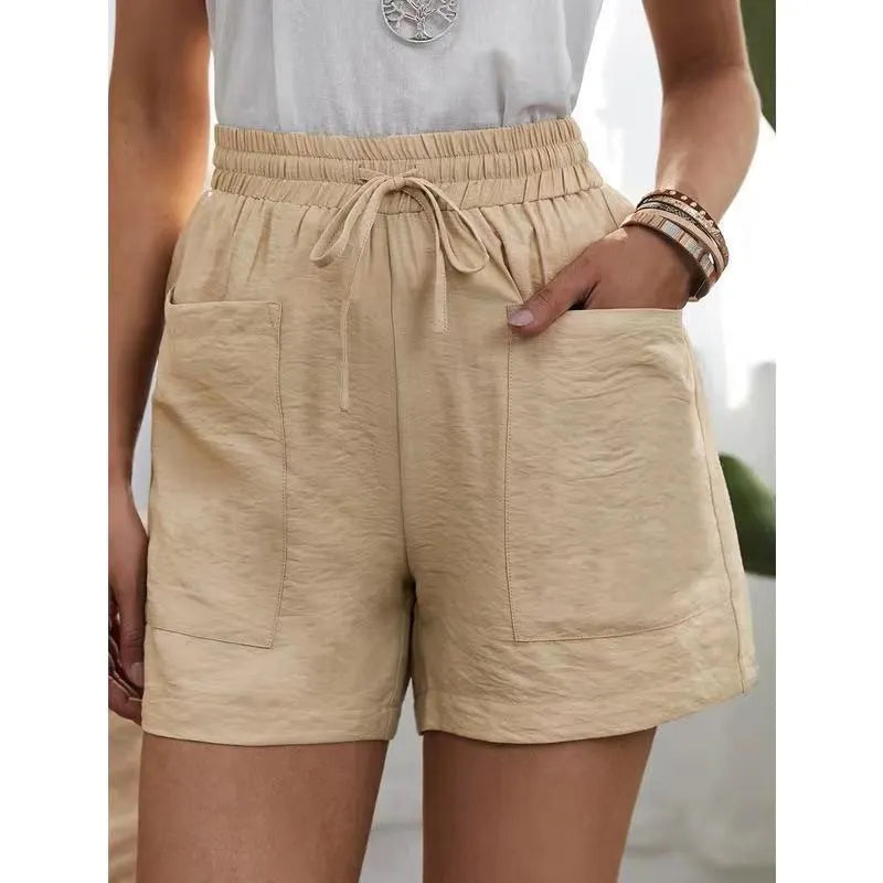 Solid Color Elastic Waist Drawstring Pocket Detail Wide Leg Shorts