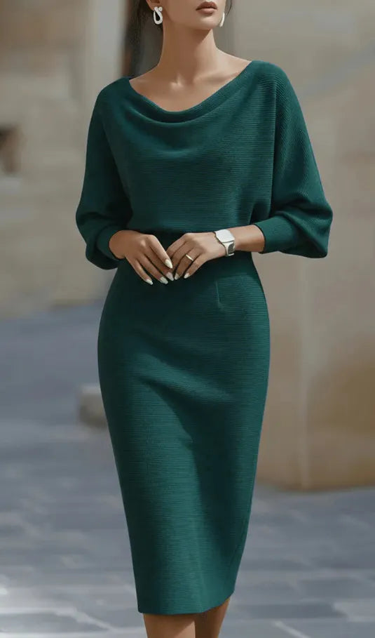 White Boat Neck Batwing Sleeve High-Waisted Knitted Midi Dress