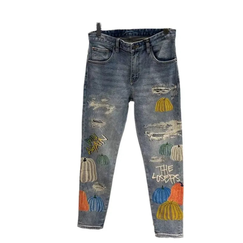 Colorful Pumpkin Print Distressed Skinny Jeans