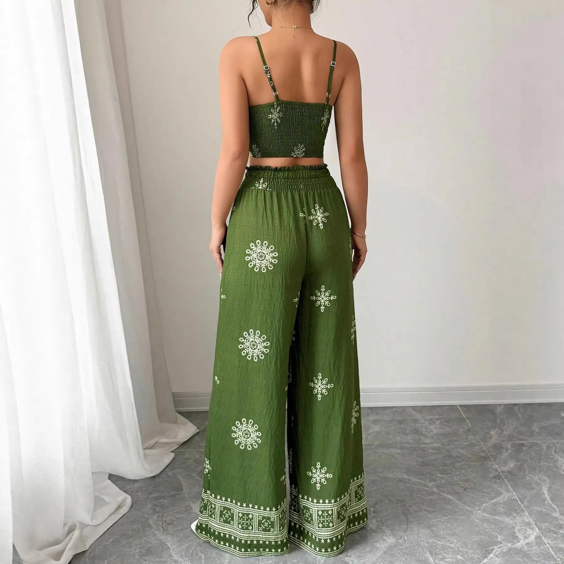 Printed Spaghetti Strap Crop Top & Wide Leg Pants Two-Piece Set