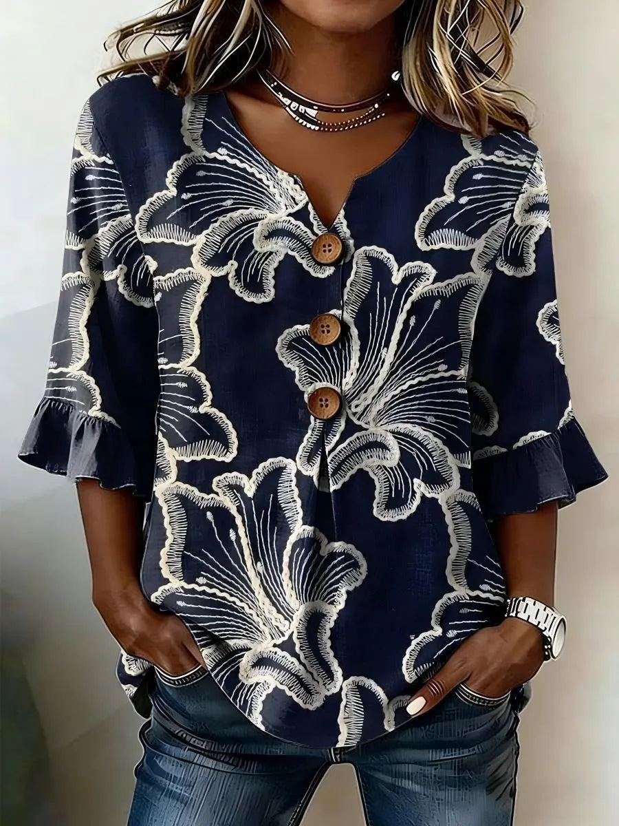 Round Neck Floral Printed Single Breasted 3/4 Ruffle Sleeve Loose Blouse