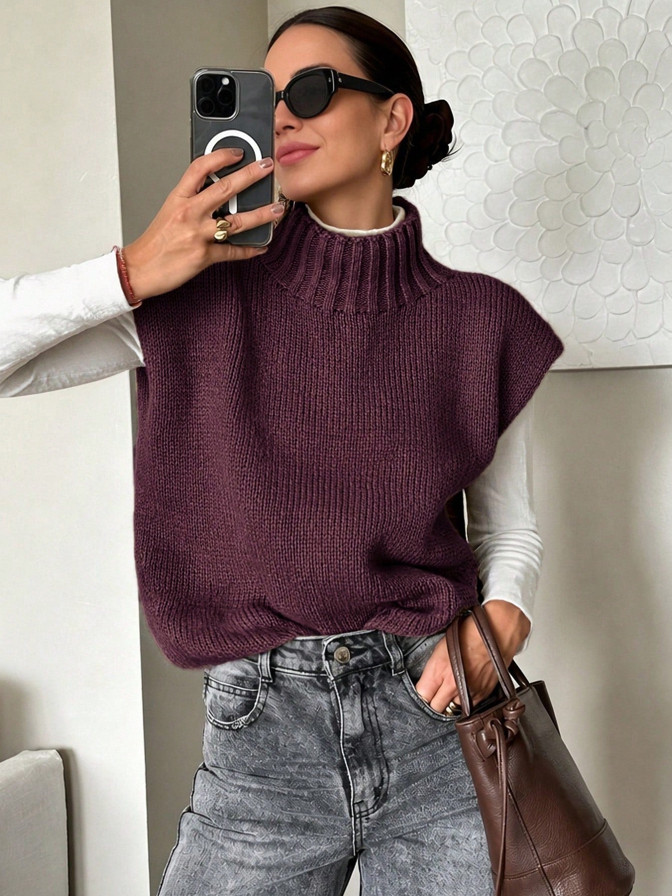 Coffee Brown High Neck Knit Sweater Vest