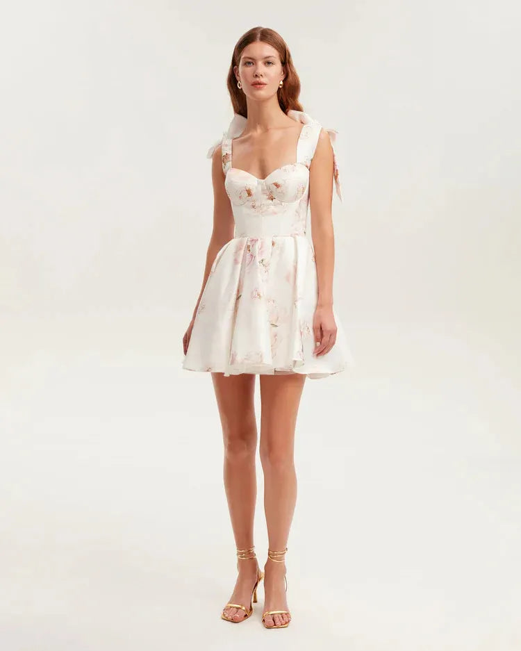 Bow Strap Sweetheart Floral Print Mini Dress