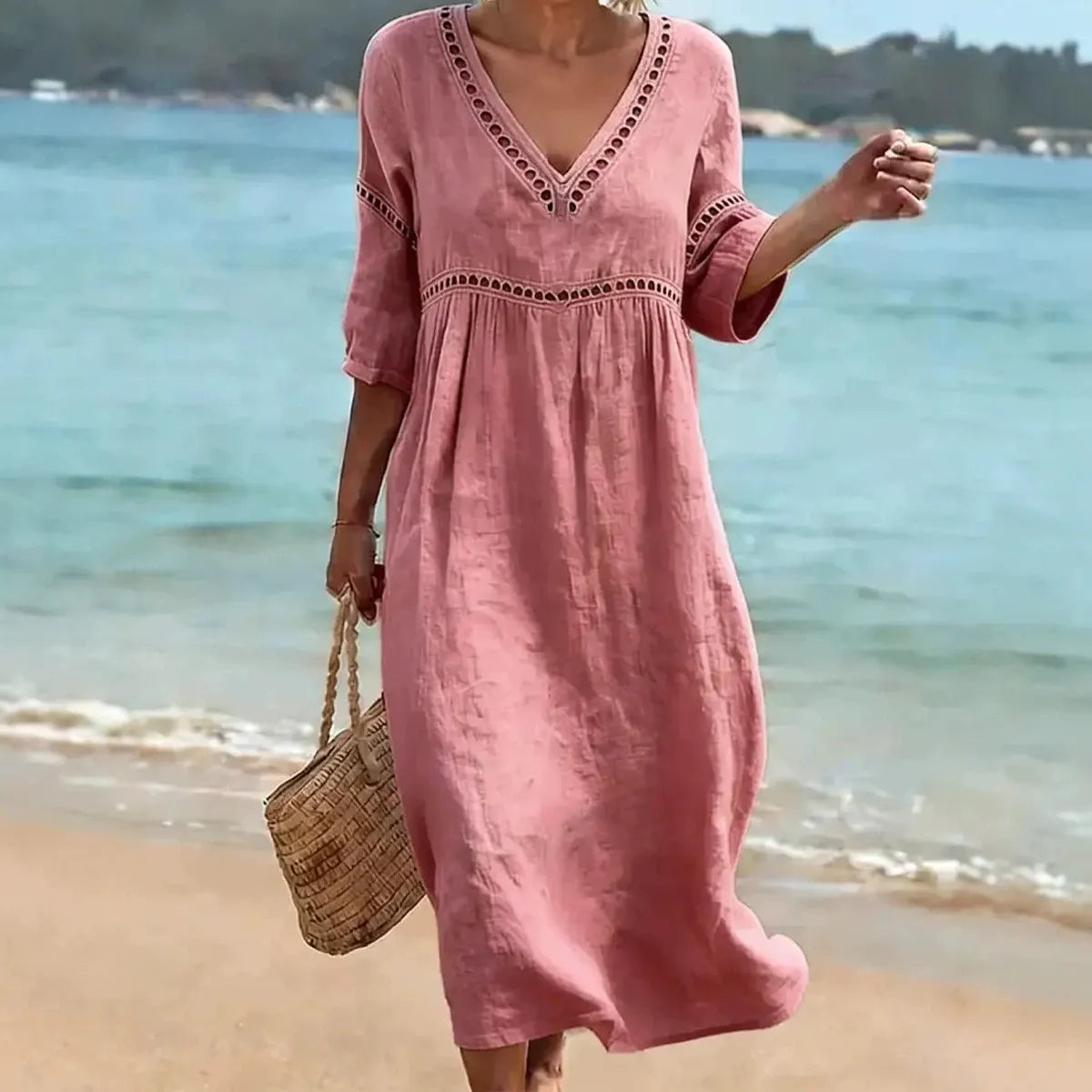 Deep V Neck Embroidery Trim Loose Cotton Linen Pull Pleat Maxi Dress