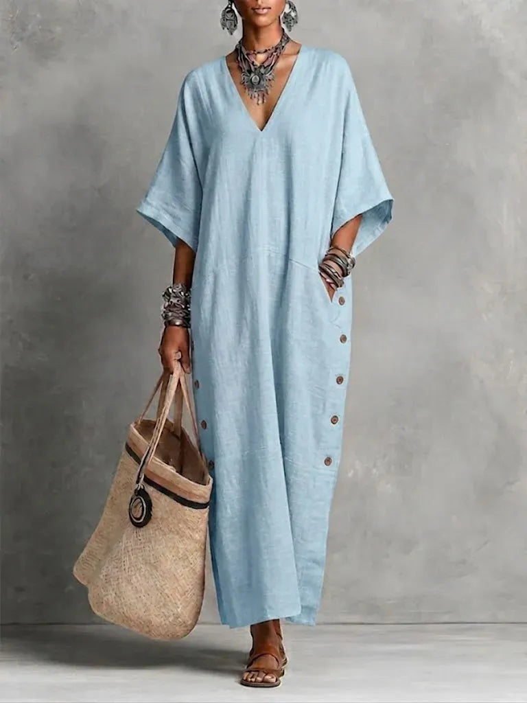 Apricot Cotton Linen V-Neck Button Detail Maxi Dress
