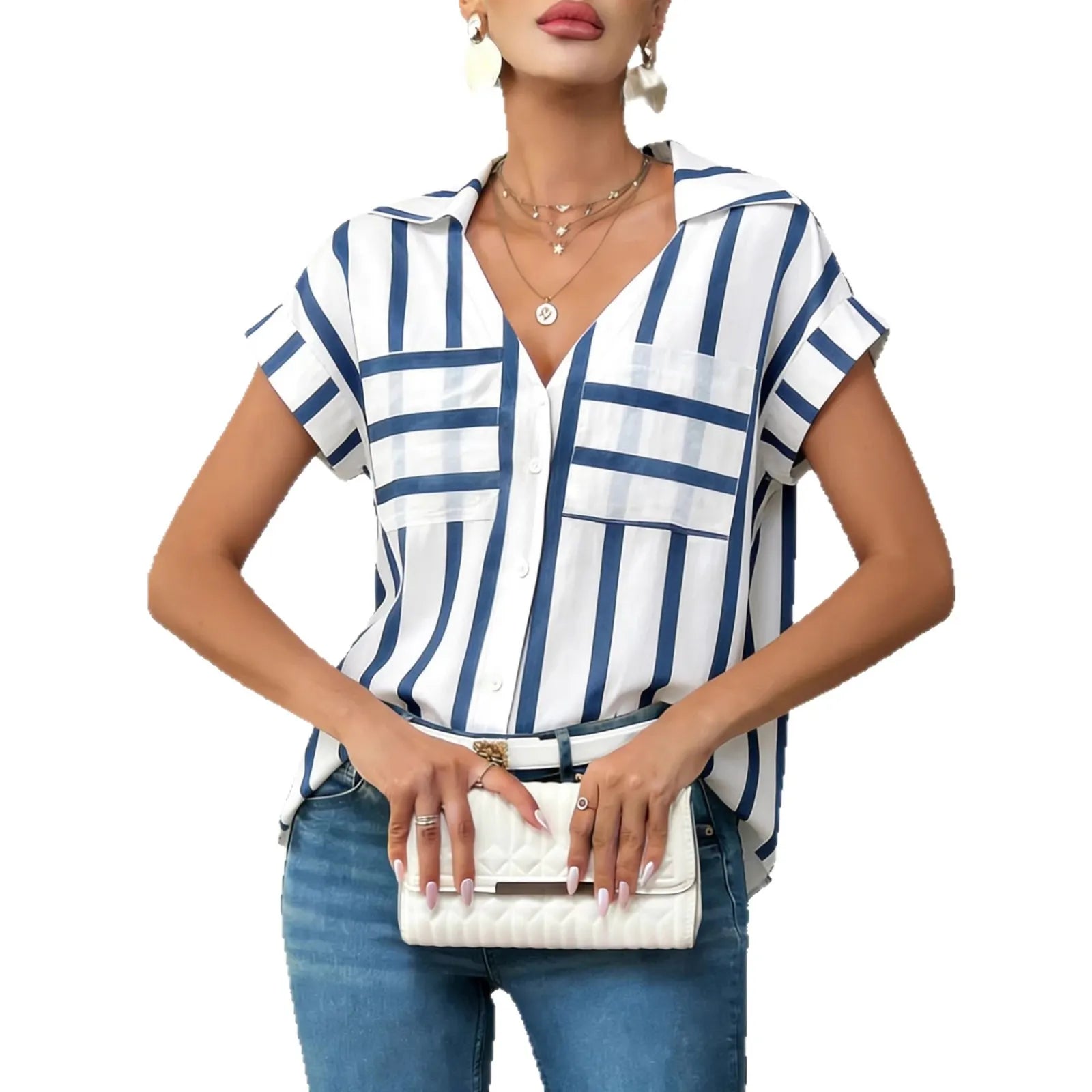 Striped Print V-Neck Batwing Sleeve Pocket Shirt