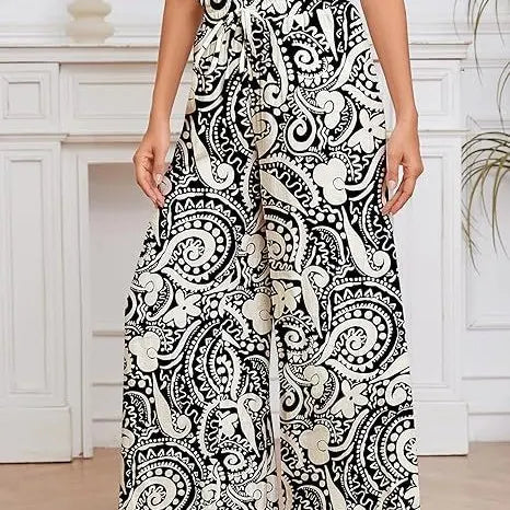 Boho Geometric Leaf Print Drawstring High Waist Non-Stretch Chiffon Loose Wide Leg Long Casual Pants