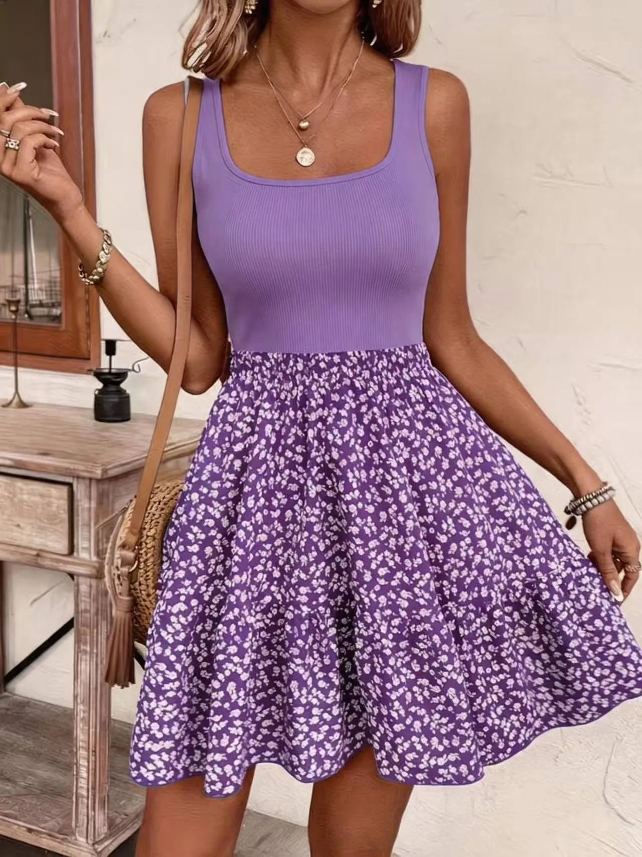 Square Neck Sleeveless Floral Spliced Slim-Fit Midi Dress