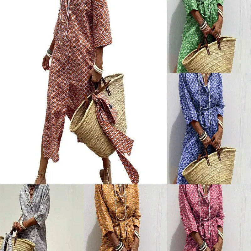 Lapel Five-Quarter Sleeve Printed Loose Maxi Dress Ethnic Travel Shirt Dress