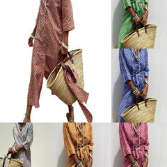 Lapel Five-Quarter Sleeve Printed Loose Maxi Dress Ethnic Travel Shirt Dress