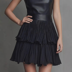 Sleeveless Faux Leather Spliced Tiered Ruffle Mini Dress