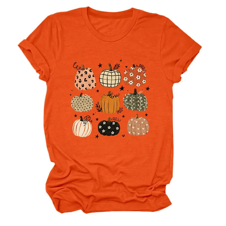 Leopard Floral Plaid Pumpkin Casual Short Sleeve Tee