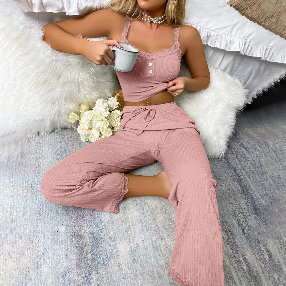 Lace Trim Button Front Cami Long Pants Loungewear Set