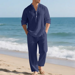 Men Stand Collar Half Button Linen Blend Long Sleeve Shirt
