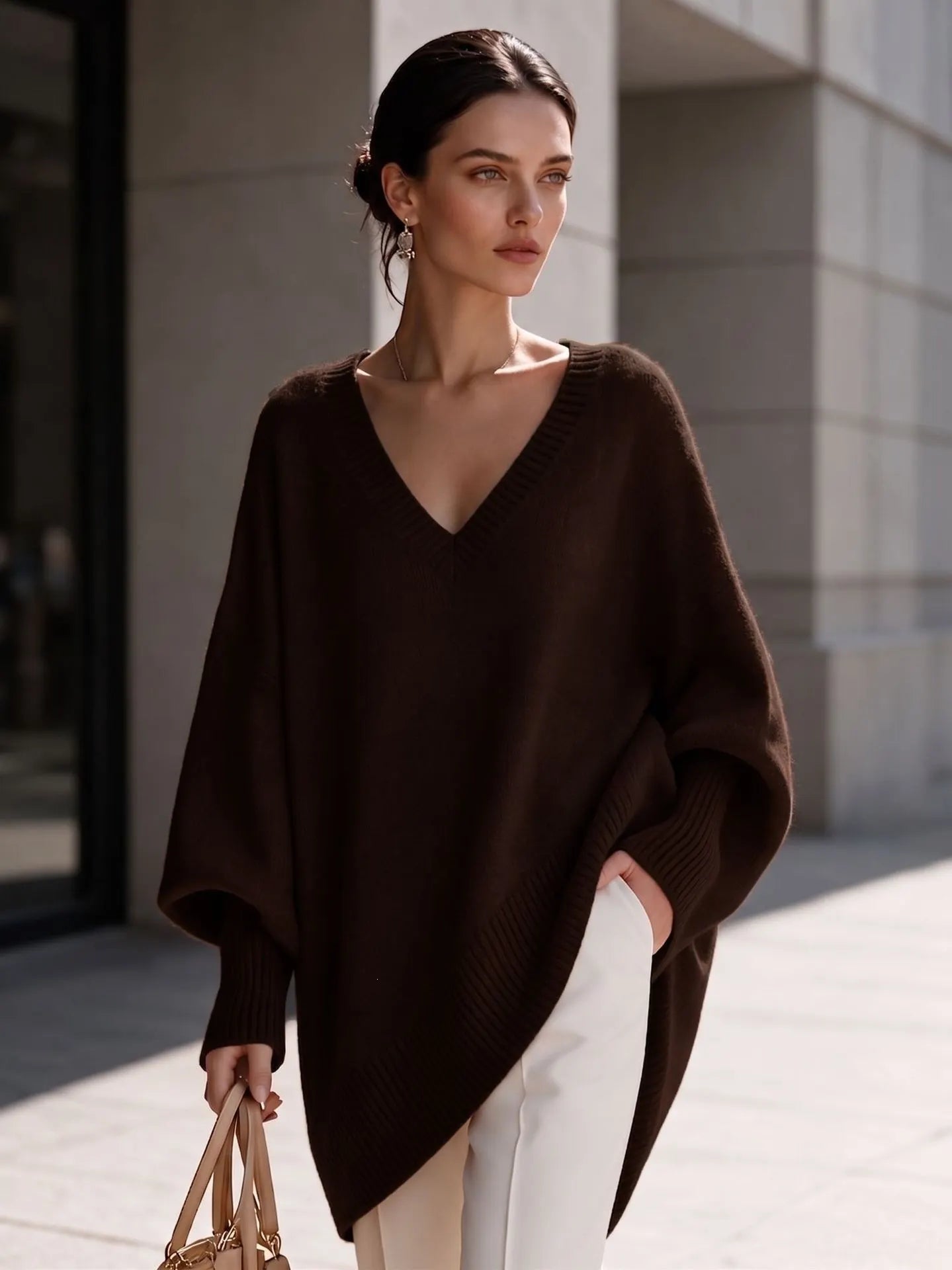 Dusty Pink Oversized V Neck Tunic Sweater, Batwing Long Sleeve Soft Knit Top