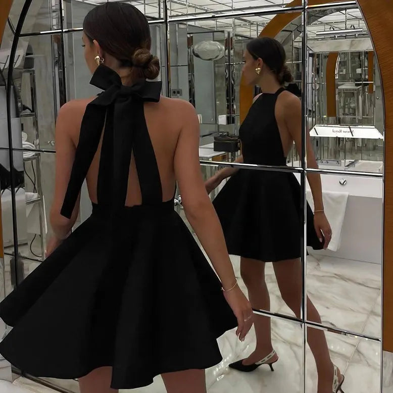 Solid Halter Neck Sleeveless High Waist A-Line Mini Satin Dress