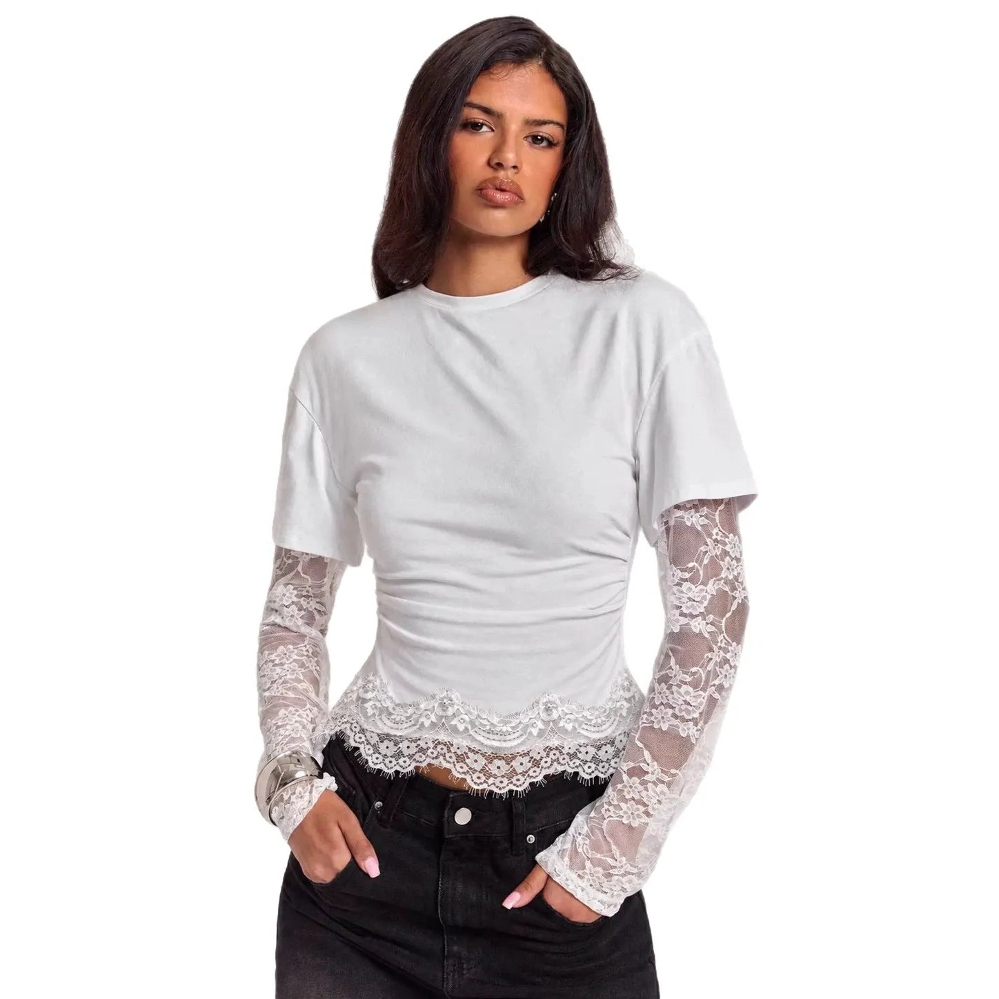 White Ruched T-Shirt with Attached Floral Lace Long Sleeves | Scalloped Lace Hem Mock Layered Crop Top
