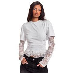 White Ruched T-Shirt with Attached Floral Lace Long Sleeves | Scalloped Lace Hem Mock Layered Crop Top