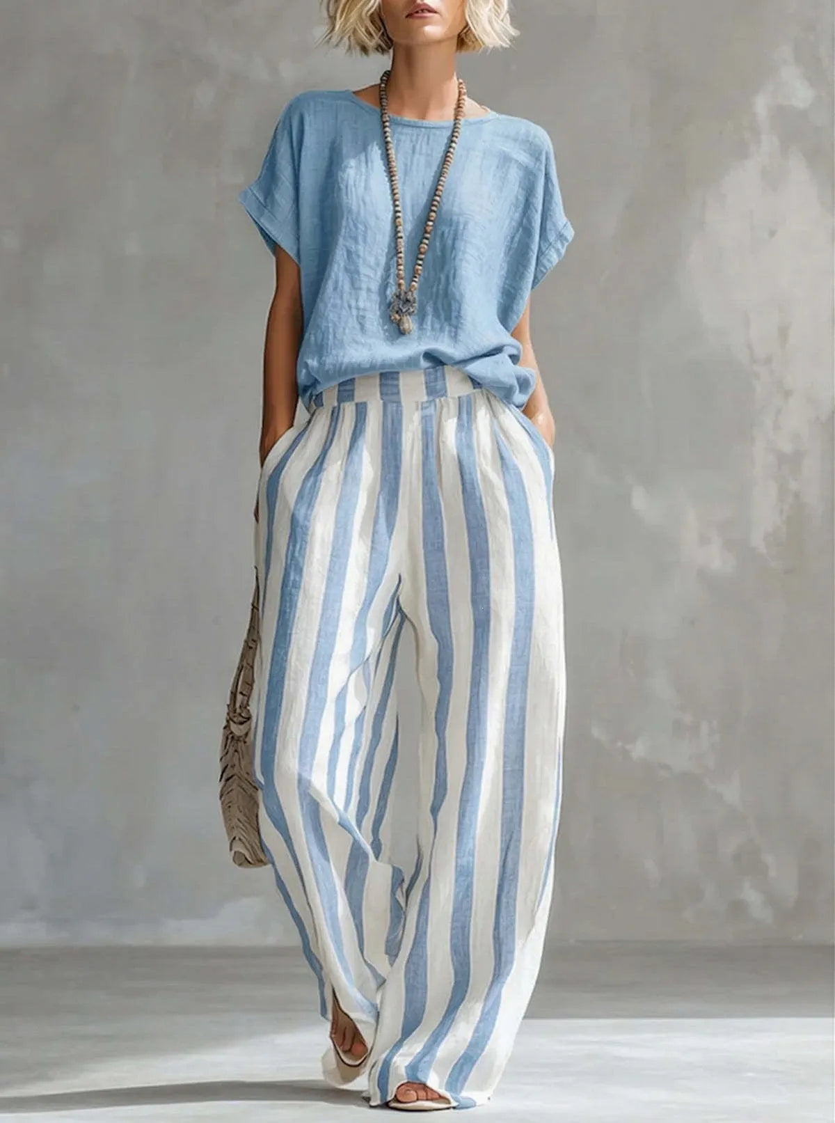 Solid Color Short-Sleeve Top & Striped Wide-Leg Pants Set