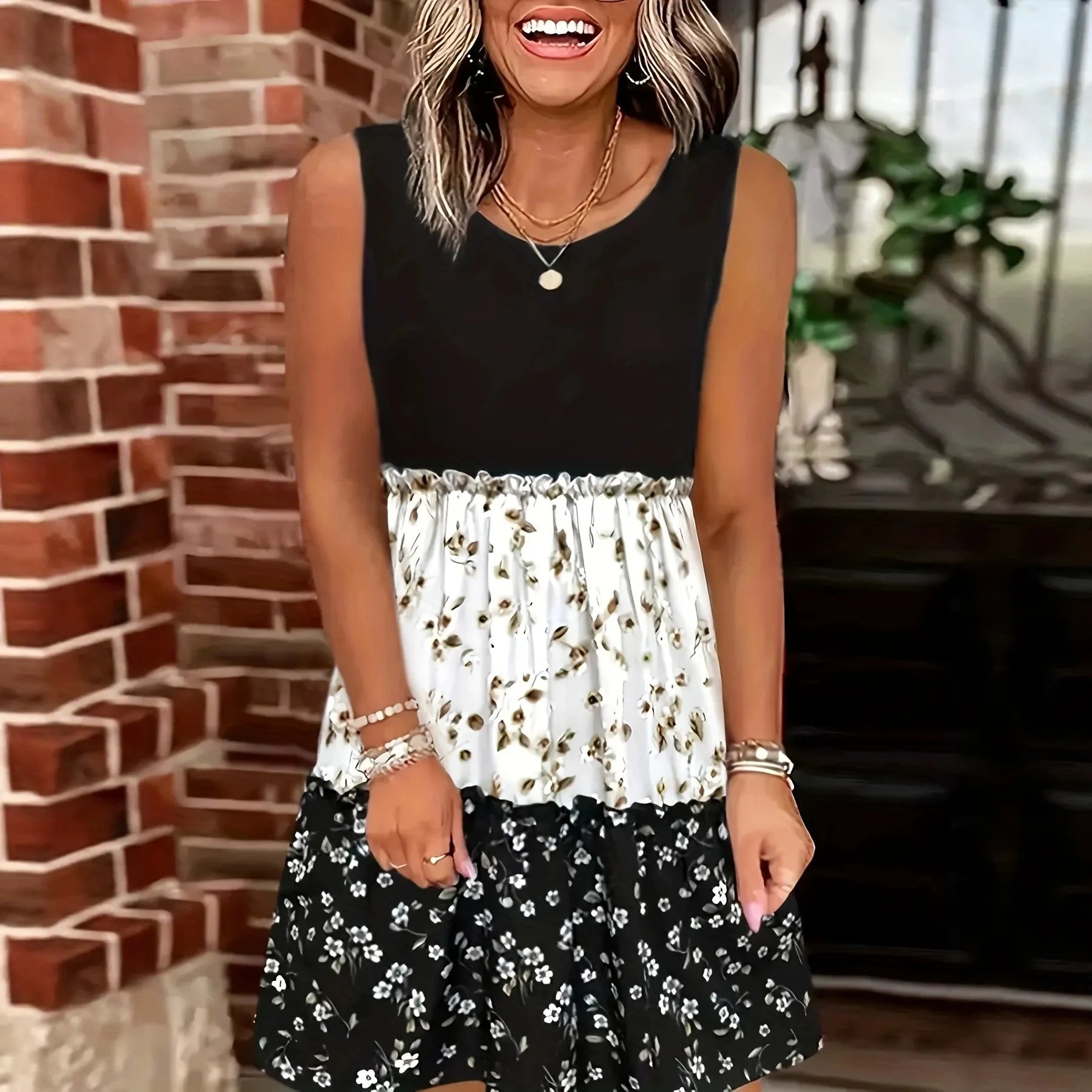 Crew Neck Sleeveless Color Block Floral Patchwork Ruffle Tiered Mini Dress