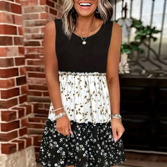 Crew Neck Sleeveless Color Block Floral Patchwork Ruffle Tiered Mini Dress