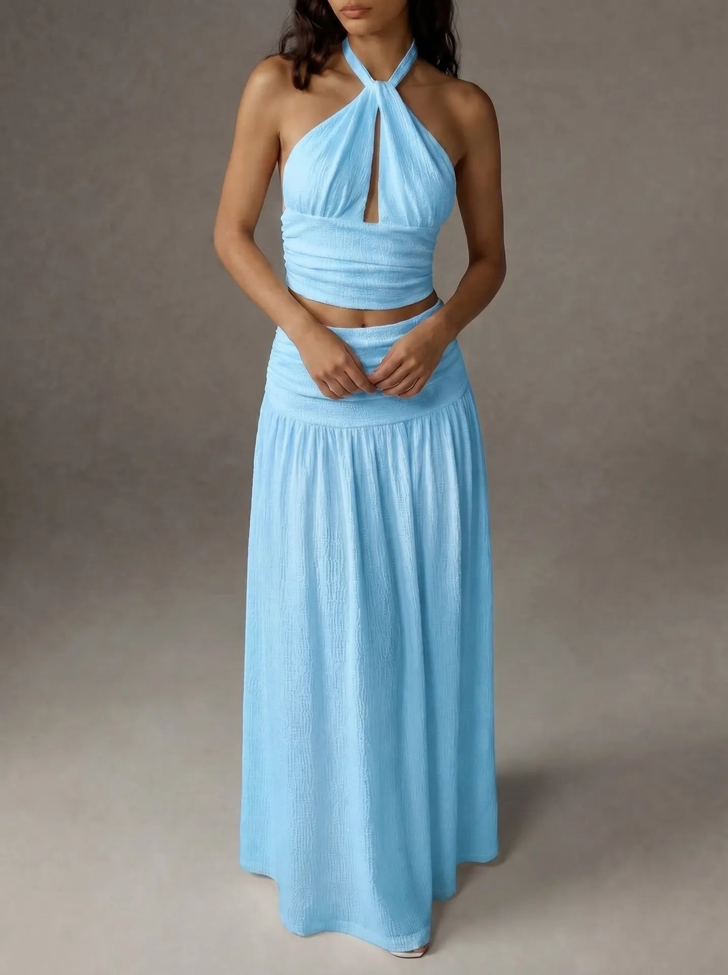 Halter Cutout Crop Top Maxi Skirt 2 Piece Outfit Textured Crinkle Matching Set