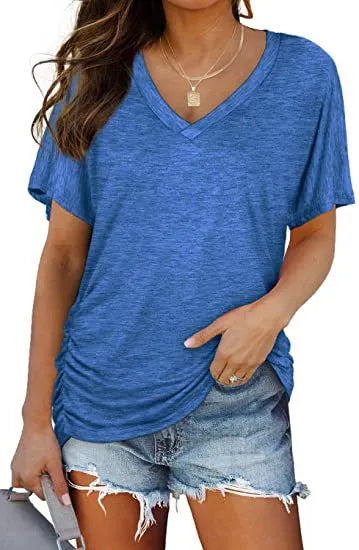 V-Neck Solid Color Loose Short Sleeve Rayon Blend Casual T-shirt
