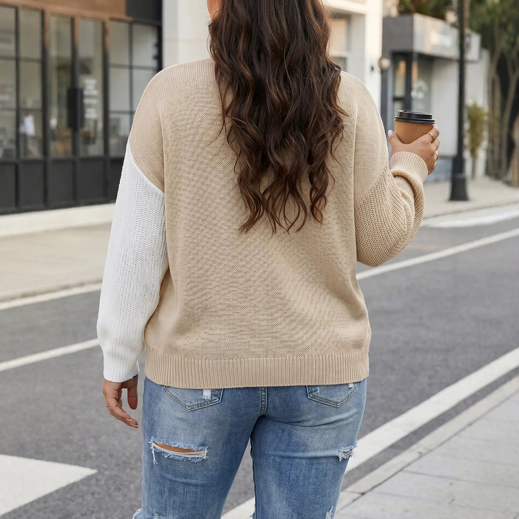Curvy Color Block Knit Top Mock Neck Asymmetrical Hem Loose Fall c