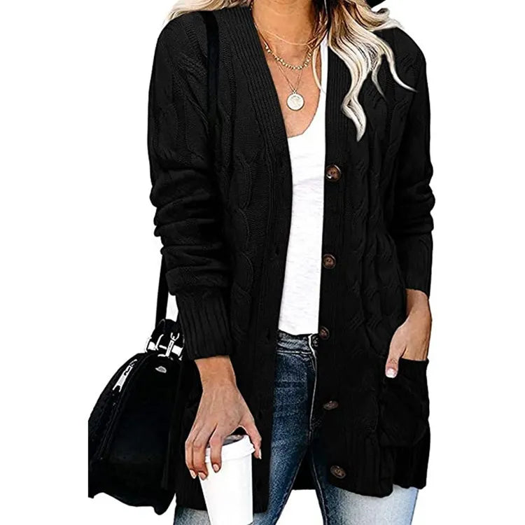 Casual Long Sleeve Cable Knit Cardigan Ladies Mid Length Open Front Button Sweater Jacket