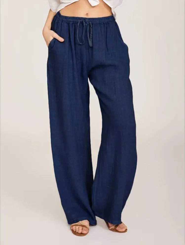 Lazy Day Outfit Blue Linen Drawstring High Waist Wide Leg Palazzo Pants