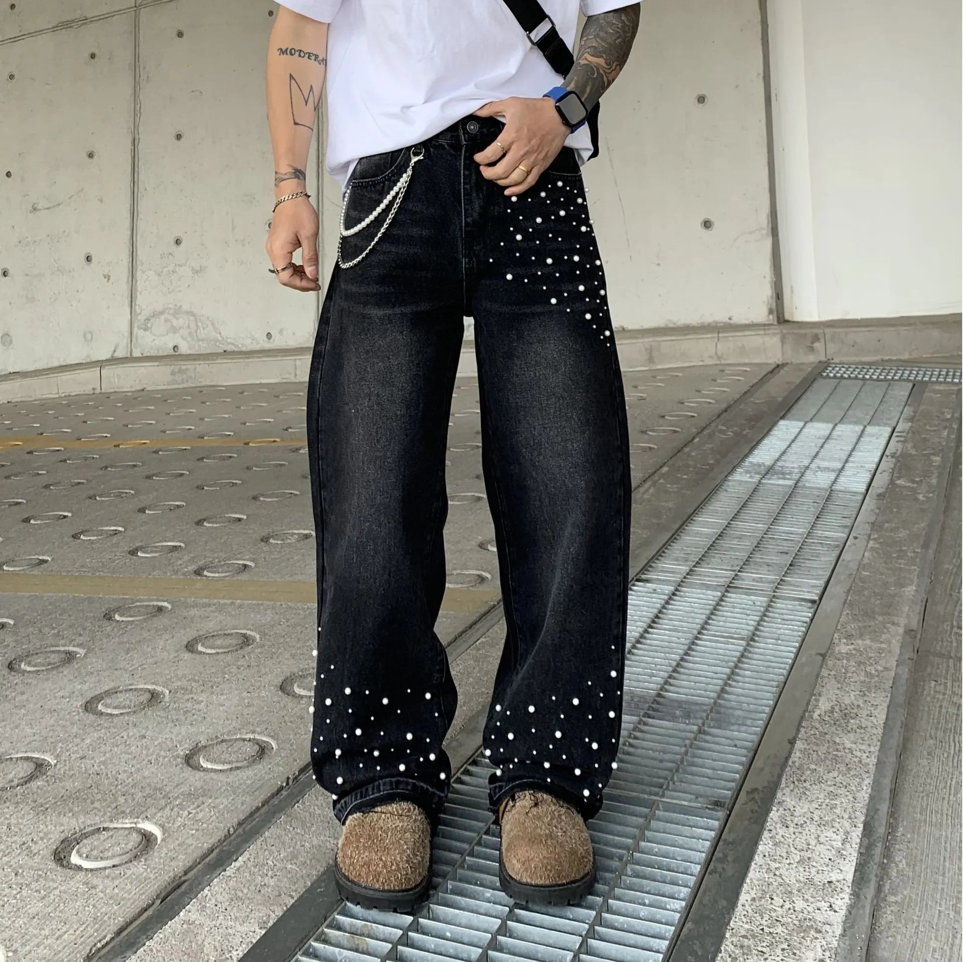 Men Mid‑Waist Pearl Decor Straight Leg Jeans