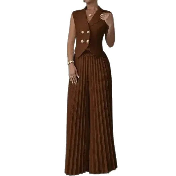 2 Piece Set Blazer Vest & Pleated Wide Leg Pants Outfit