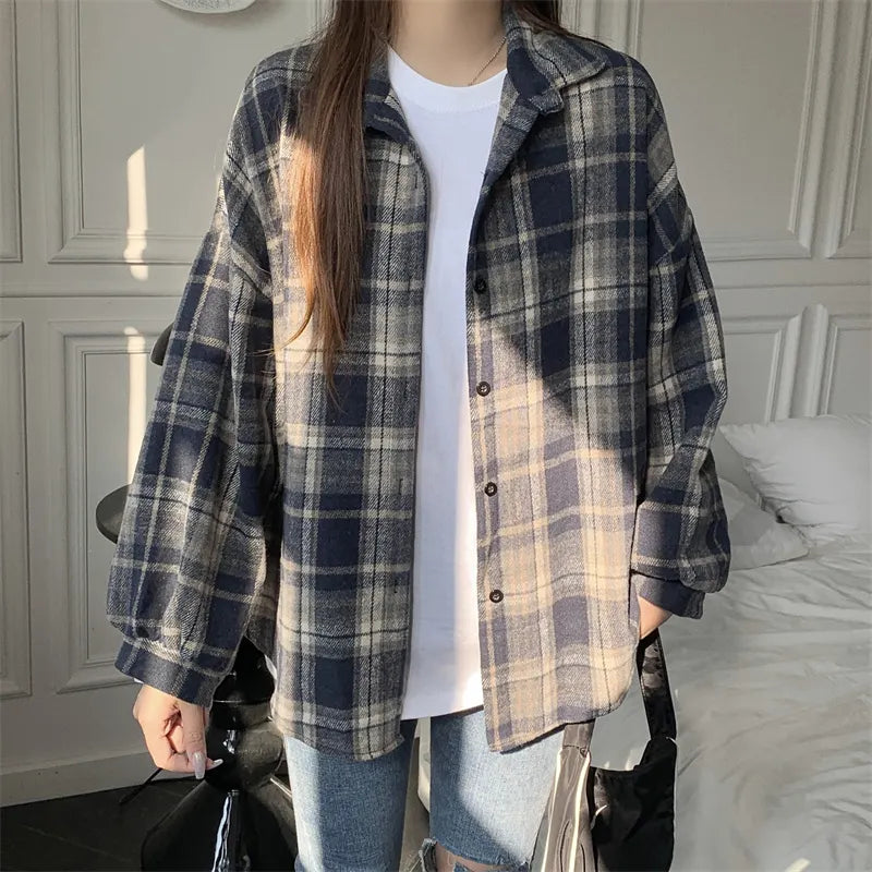 Fall Oversized Brown Black Plaid Shirt, Long Length Button Front Loose Fit Blouse