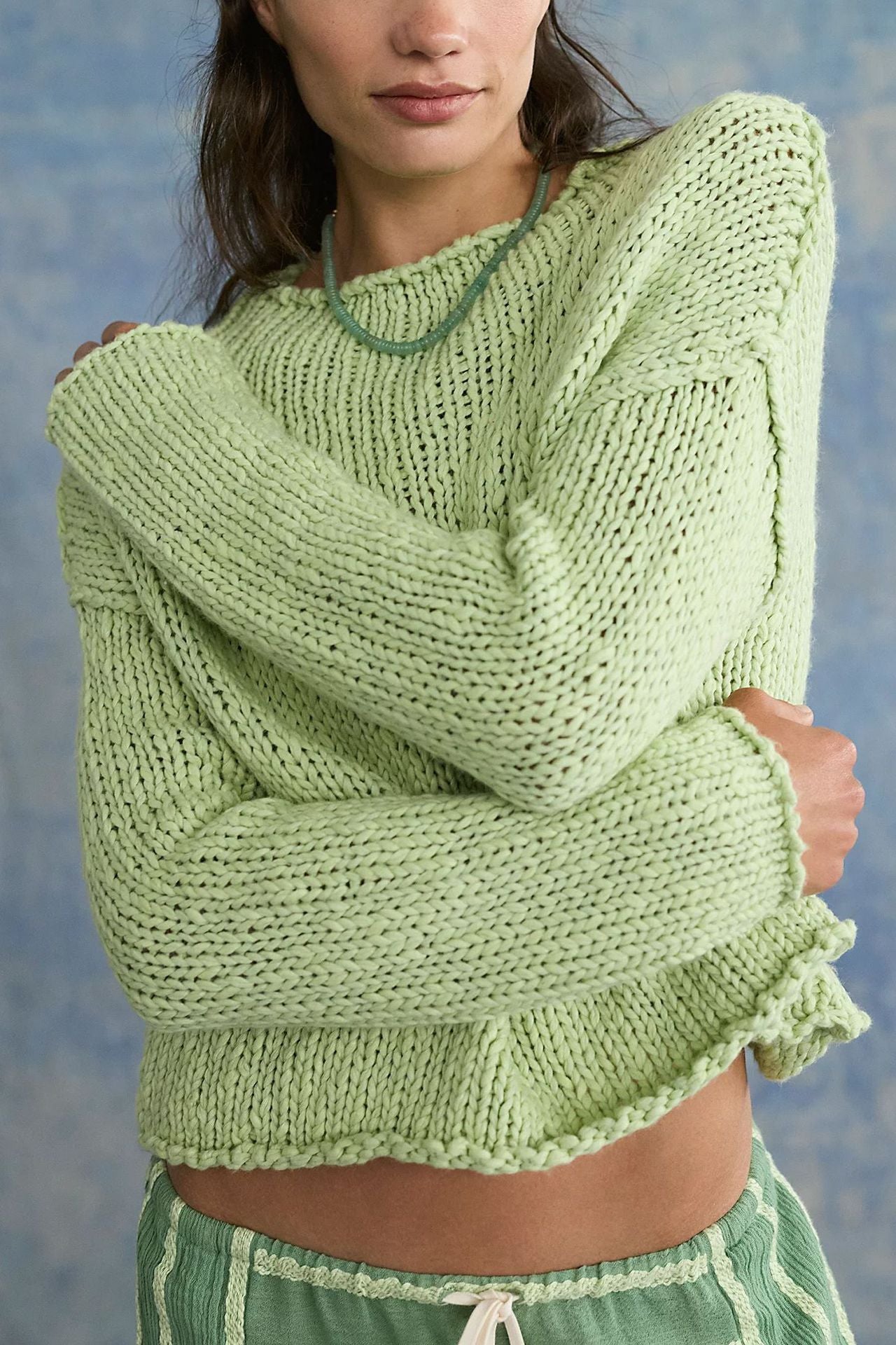 Thick Hand Knit Textured Sweater Crew Neck Long Sleeve Cropped Oversized Top