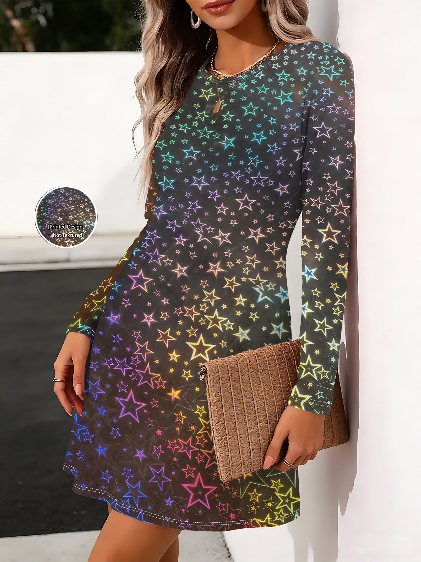 Holographic Star Print Round Neck Long Sleeve Midi Dress