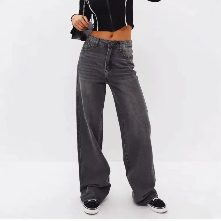 High Waist Stone Washed Grey Slight Stretch Wide Leg Denim Long Jeans